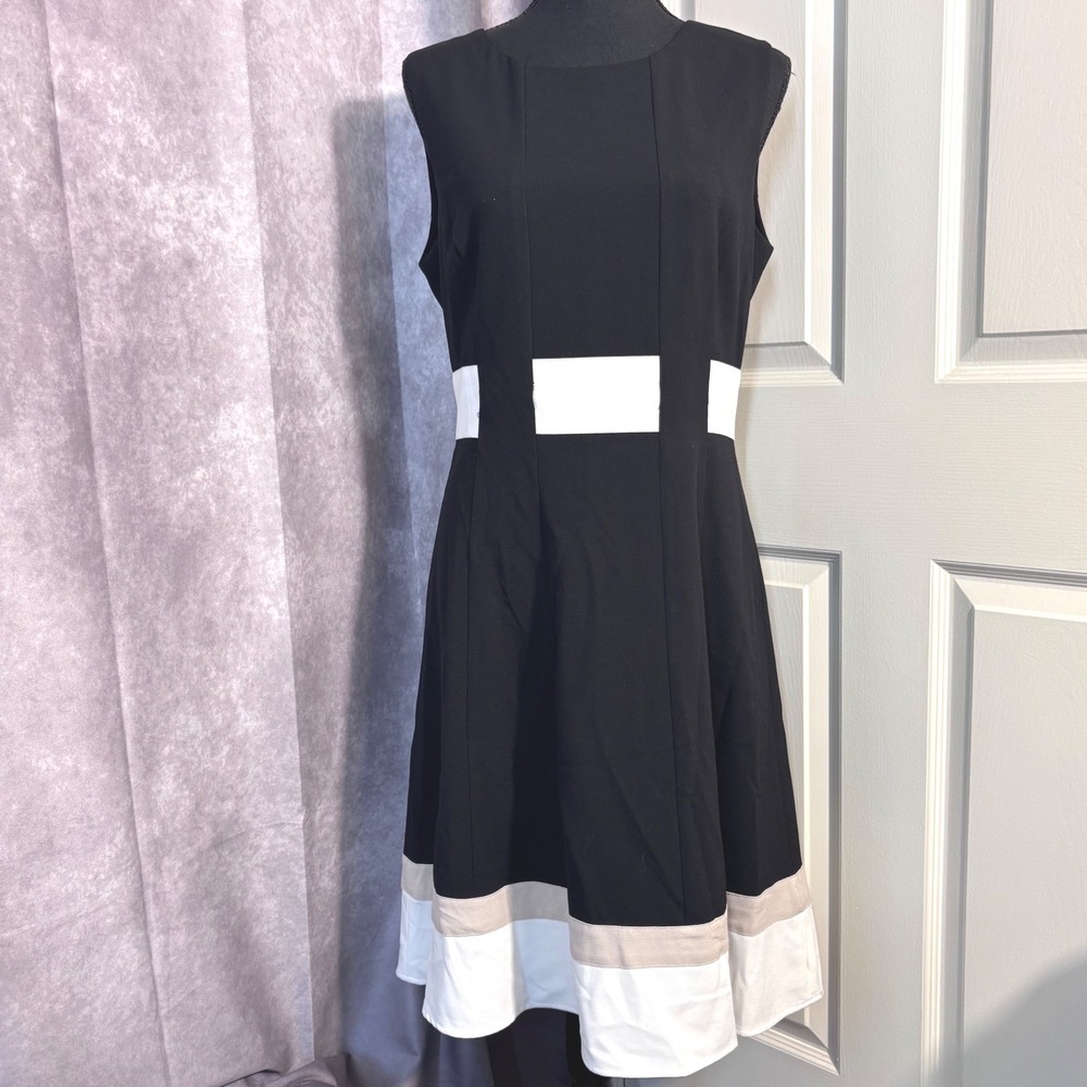 Calvin Klein Colorblock Fit Flare Dress Womens 10 Black White Tan Mod Sleeveless